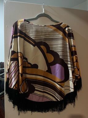 Boho Fringe Graphic Print Poncho